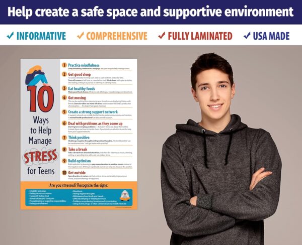ZOCO — 10 Ways to Manage Stress for Teens Posters (20 Pack) — Mental Health Awareness Items — School Counselor Must Haves — Therapy Office Decor — Laminated, 17 x 22 inches