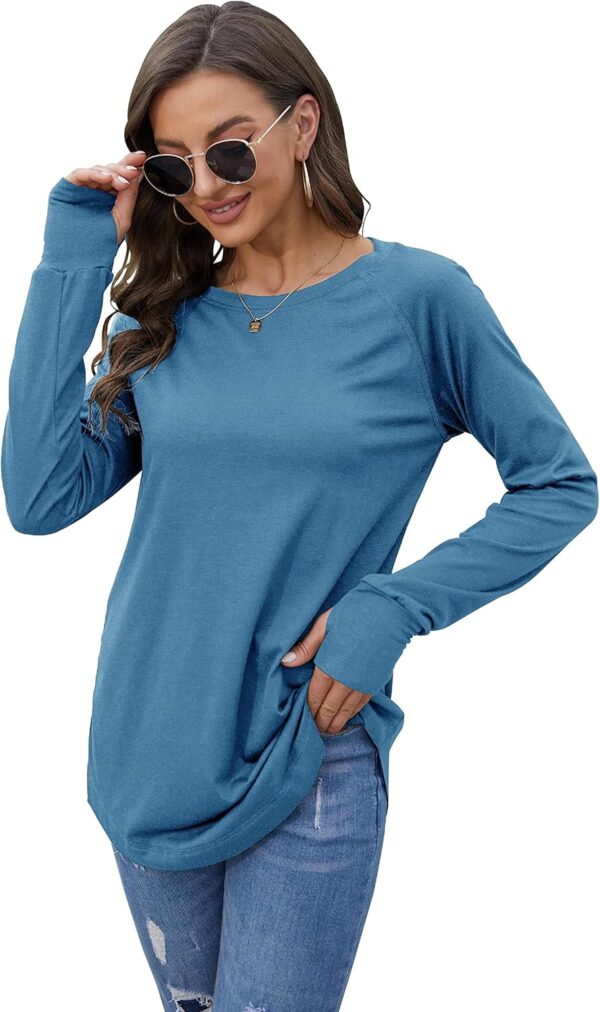 Fisoew Women's Casual Long Sleeve Tops Crew Neck Round Hem Loose T-Shirts Tunic Tops with Thumb Holes