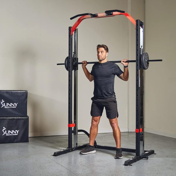 Sunny Health & Fitness Premium Smith Machine & Squat Cage Rack, Pull-Up Bar, Spotter Blocks for Weightlifting & Bench Press for Home Gym Strength Training