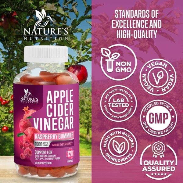 Apple Cider Vinegar Gummies 1000mg for Detox & Cleanse, ACV Gummy Vitamin B12 for Digestion Metabolism & Immune Health Support, Natural Apple Raspberry Flavor, Gluten Free & Vegan - 120 Gummies