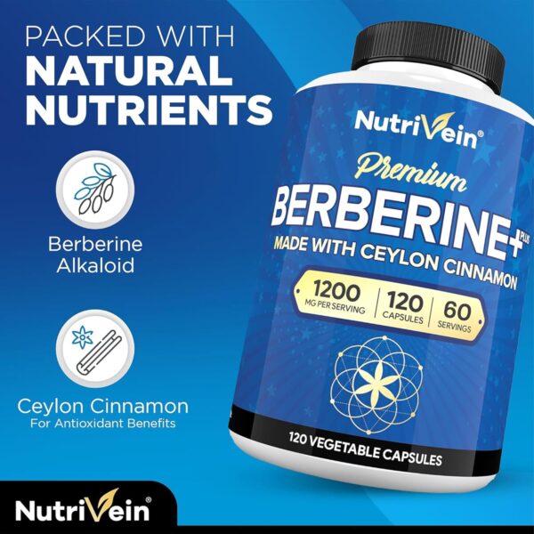 Nutrivein Premium Berberine HCL 1200mg Plus Organic Ceylon Cinnamon - 120 Capsules - Supports Immune System, Weight Management - Berberine HCI Supplement
