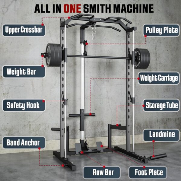 OPPSDECOR All-in-One Adjustable Smith Machine with LAT-Pull Down System Multi-Function Power Cage for Home Gym Cable Crossover Squat Rack of Workout Machine Training Equipment with Attachments