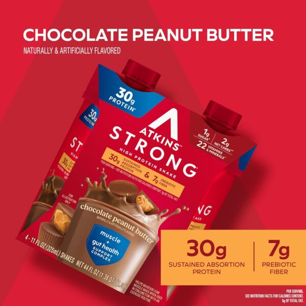 Atkins Strong High Protein Shake, Chocolate Peanut Butter, 30g Protein, 7g Prebiotic Fiber, Muscle & Gut Health Support Complex, 12 Count