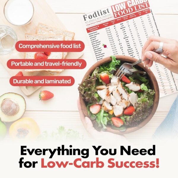 Low Carb Food List. Your Grocery List for a Healthy Low-carb Diet Plan. Perfect for Meal Planning, Carb counting, Calories, Fats, Proteins, and Fibers. Tri-fold. Laminated. 8""x11""