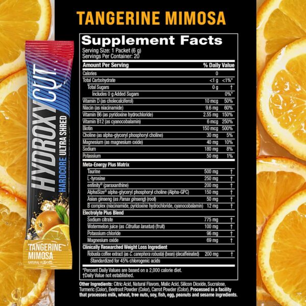 Hydroxycut Hardcore Ultra Shred Drink Sticks, Tangerine Mimosa - 20 Packets - Zero Sugar or Calories - Includes Paraxanthine & B Vitamins - for Women & Men