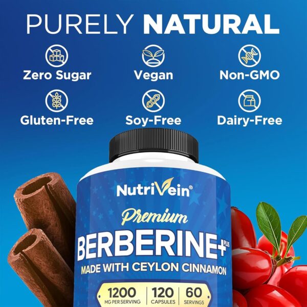 Nutrivein Premium Berberine HCL 1200mg Plus Organic Ceylon Cinnamon - 120 Capsules - Supports Immune System, Weight Management - Berberine HCI Supplement