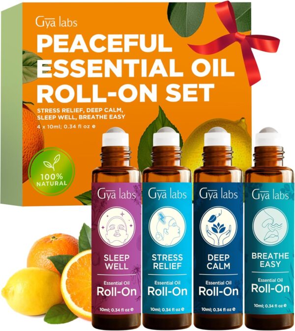Gya Labs Peaceful Roll on Essential Oils Set - 100% Pure Natural Relaxing Gift for Women & Men - Blend for Calming, Refreshing, Stress Comfort, Good Sleep Essential Oil Gift Set (0.34 Fl Oz Each)