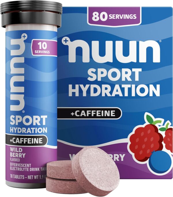 Nuun Sport + Caffeine Electrolyte Tablets - Dissolvable in Water, Wild Berry Flavor, 5 Essential Electrolytes for Hydration, 1g Sugar Drink Mix, Vegan, Non-GMO, 8 Pack (80 Total Servings)