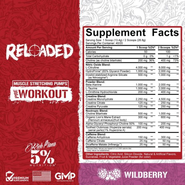 5% Nutrition Reloaded High Stim Pre-Workout | Ultra Energy, Focus, Pumps, Power & Endurance | Citrulline, HydroPrime Glycerol, Nitrosigine, Creatine, Choline, Huperzine A (Wildberry)