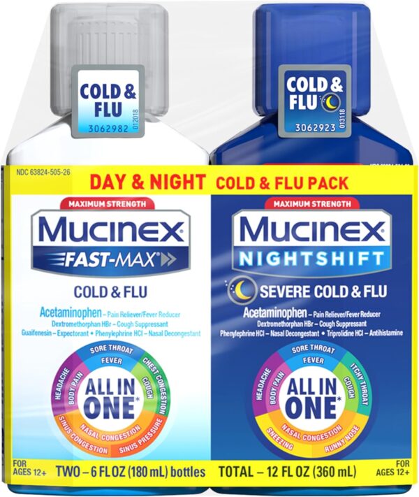 Mucinex Fast-Max Cold and Flu & Nightshift Severe Cold and Flu Medicine for Adults, Over-the-Counter Medication Combo Pack for Sore Throat Relief, Decongestant, Cough & Cold Medicines, 2 x 6 Fl Oz