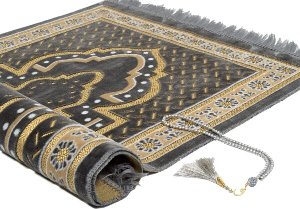 TB Islamic Prayer Rug Soft Velvet Muslim Mat Unique Arabic Turkish African Embroidered Design Prayer Bead Daily Salah Prayer Meditation Ramadan Eid Gift for Women Men Kids (Dark Gray)