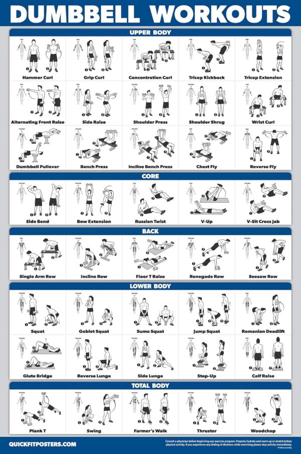 QuickFit 3 Pack - Dumbbell Workouts + Bodyweight Exercises + Stretching Routine Poster Set - Set of 3 Workout Charts (Laminated, 18" x 24")