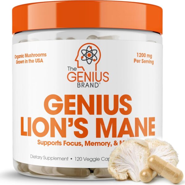 The Genius Brand Genius Lion's Mane Cognition Vitamins Supplement Capsules - Organic Nootropic Supplement, 1200mg per Serving – 120 Veggie Pills