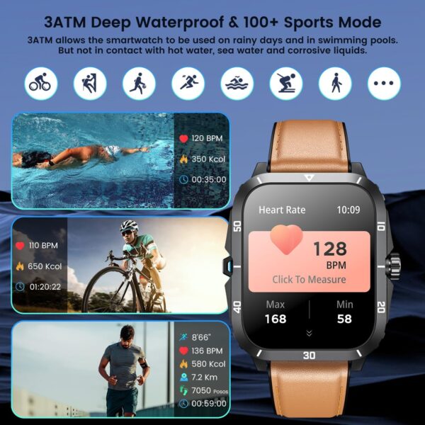 Smartwatch for Men Fitness Smart Watch: 2.0 inch Brown Watch with Bluetooth Call Answer - Android iOS Compatible Military 3ATM Waterproof 100+ Sports Digital Activity Tracker Heart Rate Sleep Monitor