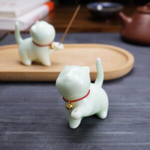 Cute Ceramic Cat Incense Stick Holder, Insence Burner Set, Large Beechwood Ash Catcher Copper Incense Stand Incense Sticks Brush, Meditation Yoga Massage Work Read Home Decor (A, B-Green)