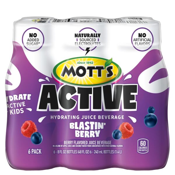Mott's Active Blastin' Berry Hydrating Juice Beverage, 8 Fl Oz Bottles, 24 Count (4 Packs Of 6), Made With Naturally Sourced Electrolytes & Coconut Water, Gluten & Caffeine-free, Kosher