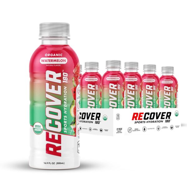 RECOVER 180 Organic Sports Hydration Drink, No Sugar Added, 15 Calorie Sports Beverage, Organic Flavors With Vitamins, Potassium-Packed Electrolytes (16.9 Fl Oz (Pack of 12), Watermelon)