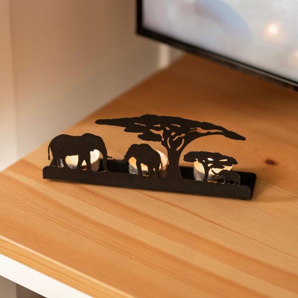 Renovatio Metal Tealight Candle Holder – Safari Elephants Silhouette Decor for Living Room, Meditation Space, Christmas & Wedding – Black Safari Theme