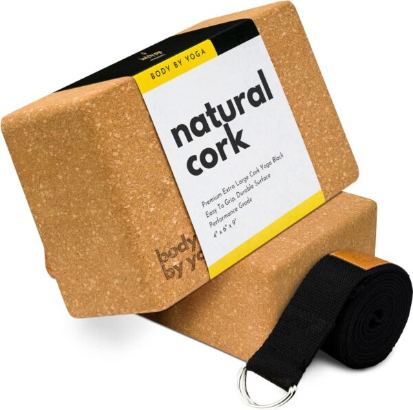 Luxury Cork Yoga Block Set - Extra Large Yoga Blocks with Performance Grade Portuguese Cork | High Density, Non-Slip Support for Safer Balancing | 2 Pack | Extra Long Yoga Strap Included