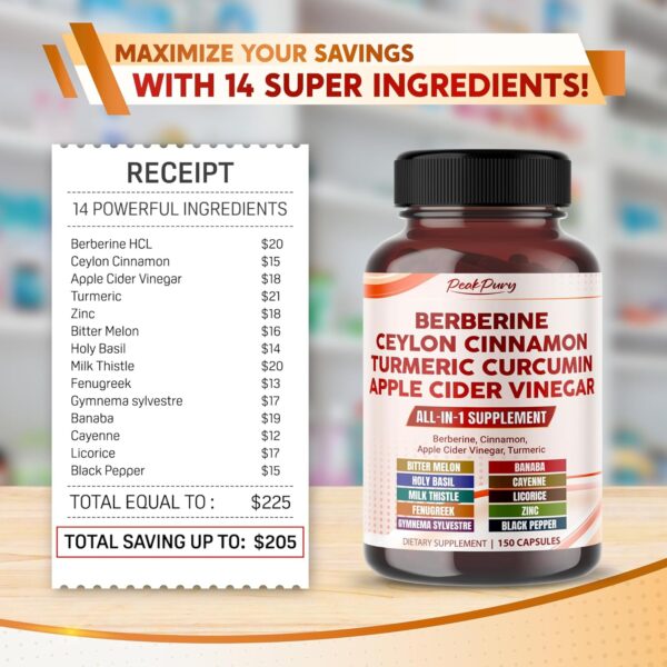 Berberine 8000mg Cinnamon 6000mg Apple Cider Vinegar 3000mg Turmeric 3000mg - Overall Wellness Support- Made in USA