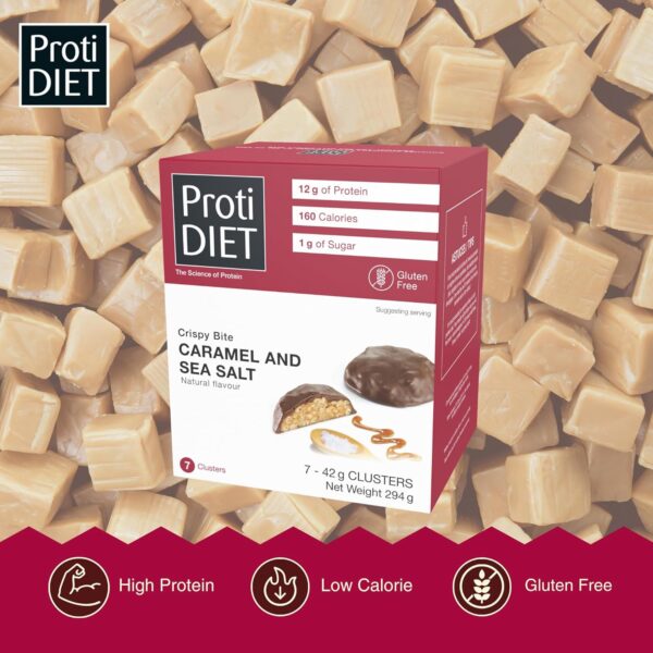 ProtiDIET Caramel and Sea Salt Collagen Crispy Bites - Gluten free, Low Sugar, No Trans Fat - Great On-The-Go High Protein Healthy Snacks for Adults with Essential Nutrients - 7 Protein Clusters Per Box