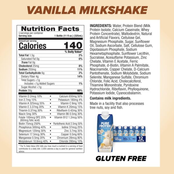 Pure Protein Vanilla Protein Shake, 30g Complete Protein, Vitamins A, C, D, and E plus Zinc to Support Immune Health, Ready to Drink and Keto-Friendly, 11oz Bottles, 12 Pack