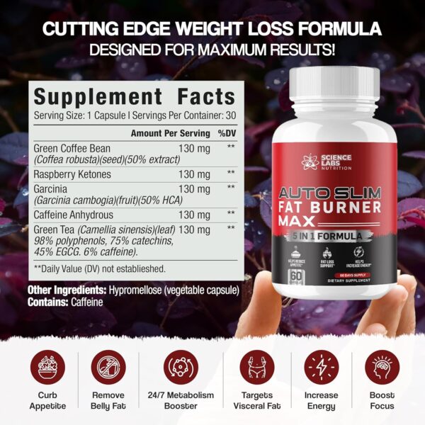 Science Labs | Auto Slim Weight Loss Pills for Women & Men | Appetite Suppressant, Belly Fat Burner Supplement, Metabolism Booster, Carb Blocker | Diet Pills That Work Fast - 60 Capsules