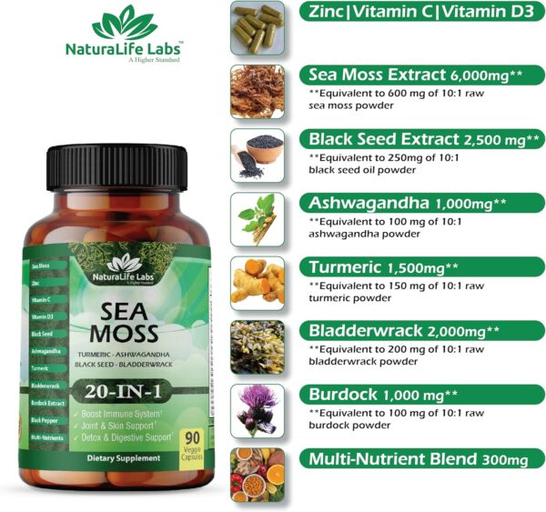 Sea Moss 6000mg - Black Seed Oil 2500mg - Bladderwrack 2000mg - Turmeric 1500mg Ashwagandha 1000mg - Burdock 1000mg - Vitamin C, D3, Yellow Dock Root, Manuka, Dandelion - 90 Veggie caps