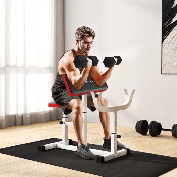 Soozier Adjustable Preacher Curl Bench with Brabell Rack, Strength Training Seated Arm Isolated Barbell Dumbbell Bicep Station, 265 LBS Home Gym Fitness Equipment