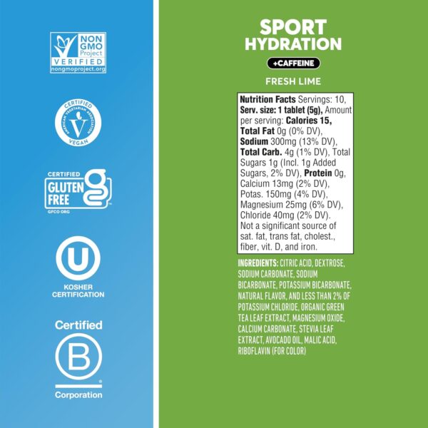 81uADkkOHfL._AC_SL1500_.jpg Nuun Sport + Caffeine Electrolyte Tablets - Dissolvable in Water, Fresh Lime Flavor, 5 Essential Electrolytes for Hydration, 1g Sugar Drink Mix, Vegan, Non-GMO, 8 Pack (80 Total Servings)