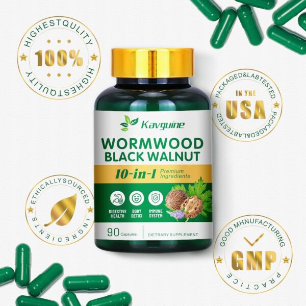 10 in 1 Wormwood Capsules, Black Walnut Hulls Cloves Black Pepper urmeric Curcumin Root Peppermint Leaf, DIigestive Health, Body Detox, 90 Capsules