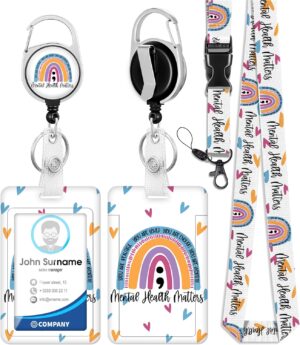 Plifal ID Badge Holder with Lanyard and Retractable Badge Reel Clip, Rainbow Mental Health Matters Card Name Tag Lanyard Vertical ID Protector Bage Clips for Nurse Nursing Psychologist Doctor Student