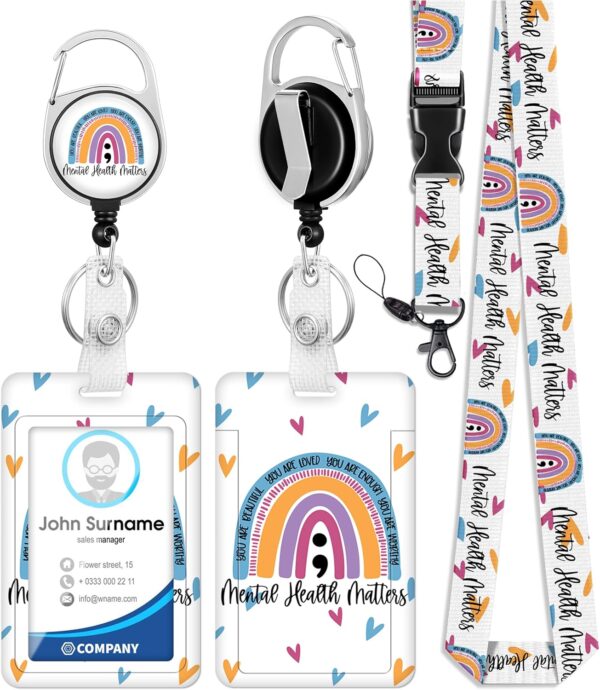 Plifal ID Badge Holder with Lanyard and Retractable Badge Reel Clip, Rainbow Mental Health Matters Card Name Tag Lanyard Vertical ID Protector Bage Clips for Nurse Nursing Psychologist Doctor Student