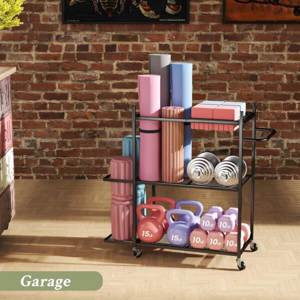 Hadulcet Yoga Mat Storage Rack, Stable Home Gym Storage for Dumbbells, Kettlebell, Workout Equipment Storage Organizer with Removable Hooks, Yoga Mat Holder for Easy to Move