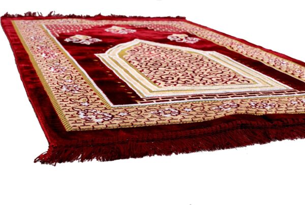 TB Muslim Prayer Rug, Islamic, Velvet Mat Ramadan Gift, with Prayer Bead Unique Decoration Gilded Gold-Like Embroidered for Women Man Kids Meditation Turkish African (Claret Red)