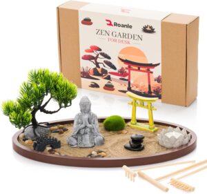Zen Garden for Desk 13x8in – Japanese Meditation Kit with Buddha, Bonsai Tree, Natural Sand, Stones, Bamboo Rakes & Accessories – Mini Zen Garden for Office Relaxation & Decor by Roanle