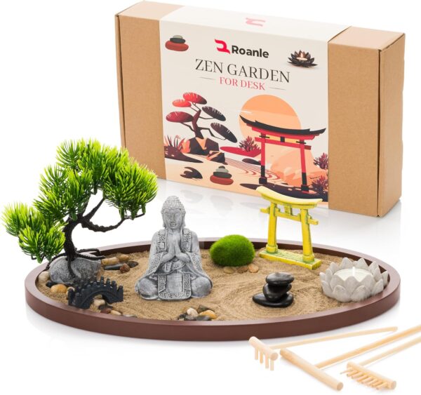 Zen Garden for Desk 13x8in – Japanese Meditation Kit with Buddha, Bonsai Tree, Natural Sand, Stones, Bamboo Rakes & Accessories – Mini Zen Garden for Office Relaxation & Decor by Roanle