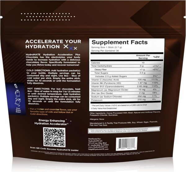 NatureWorks HydroMATE Electrolyte Powder Packets Drink Mix Low Sugar Hydration Accelerator Fast Recovery with Vitamin C Chocolate 30 Count