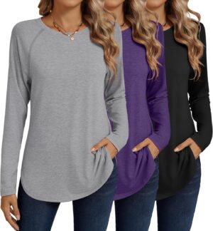 Ficerd 3 Pack Women's Long Sleeve T Shirt Casual Crew Neck Raglan Sleeve Side Split Curved Hem Basic Tunic Tops