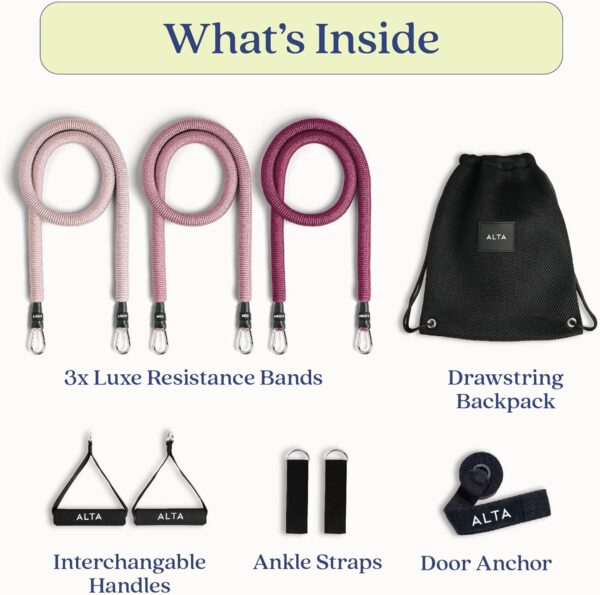 ALTA 'Never-Snap' Exercise Bands with Handles for Women - Full Kit Resistance Bands for Working Out with Handles, Resistance Tubes, Ankle Straps, Door Anchor, Fabric + Rubber Workout Bands Resistance