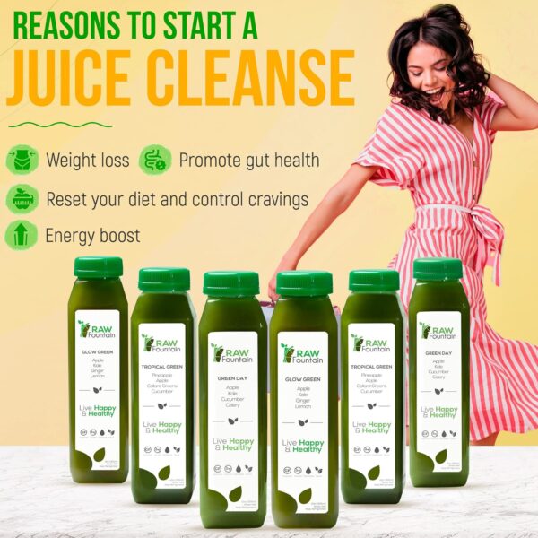 5 Day Green Juice Cleanse by Raw Fountain, All Natural Raw, Vegan Detox, Cold Pressed Juice, 30 Bottles 12oz, 3 Ginger Shots