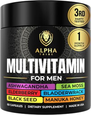 Alpha Tribe Multivitamin for Men with Seamoss Black Seed Oil Ashwagandha Burdock Root, Turmeric Bladderwrack, Vitamin C, Elderberry, Manuka, Yellow Dock | Daily Men's Vitamins and Minerals Supplement