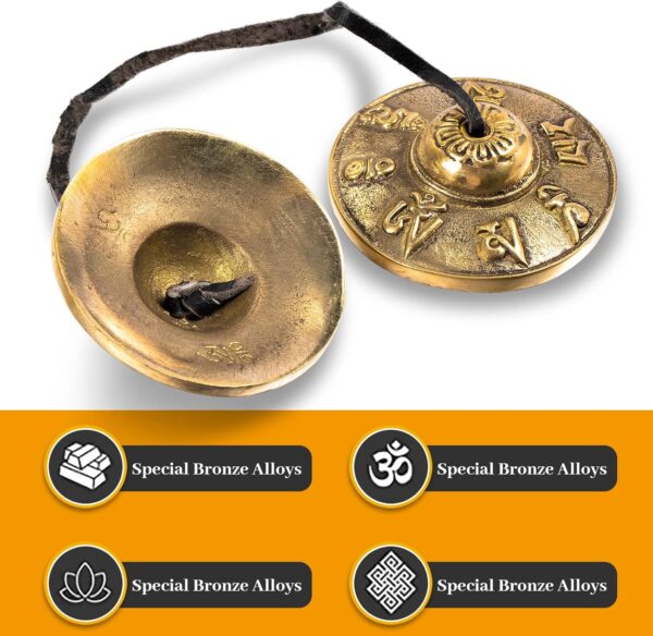 Boao Tibetan Tingsha Cymbals Meditation Chime Bells with Tibetan Drawstring Cloth Bag, 6.3 cm Meditation Chime Bells, for Percussion Instrument(Om Mane Padme Hum Symbols Embossed)