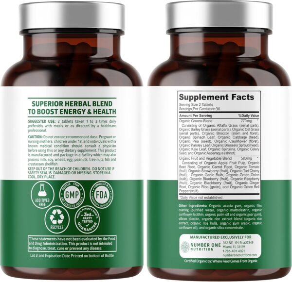 N1N Premium Organic Superfood Greens [28 Powerful Ingredients] Natural Fruit and Veggie Supplement with Alfalfa, Beet Root and Ginger to Boost Energy, Immunity and Gut Health, Made in USA, 60 Ct