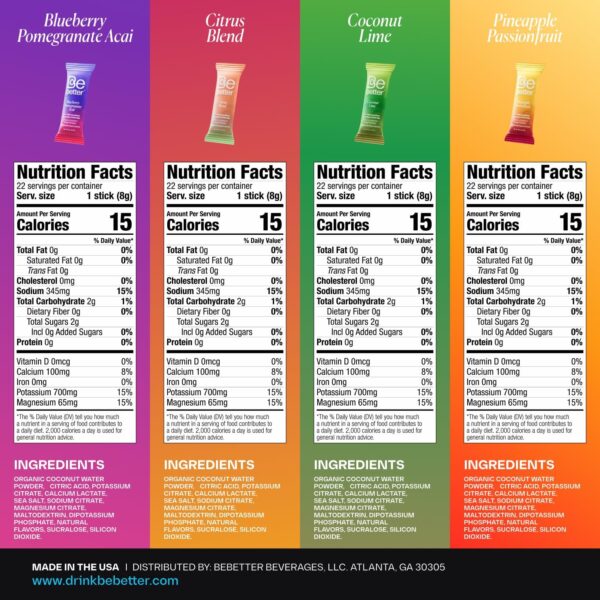 BeBetter Organic Electrolytes Powder Packets | Daily Electrolyte Drink Mix | Organic Coconut Water | No Artificial Flavors | Sugar Free Hydration Packets | non-GMO 22 Sticks (Pineapple & Passionfruit)