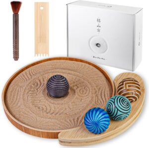 Melonva Mini Zen Garden for Desk 9.5''x9.5'' Automatic Desk Zen Garden Accessories Zen Sand Garden Bamboo Sand Tray Therapy Kit Zen Office Decor Meditation Room Decor with 4 Stamp Spheres
