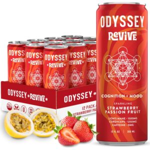 Odyssey Revive Sparkling Hydration Drink w/L Theanine, Lions Mane, Cordyceps and Electrolytes, Caffeine Free Natural Energy Drinks, Vegan, Non-GMO, Strawberry Passion Fruit Flavor, 12 Fl oz, 12 Pack