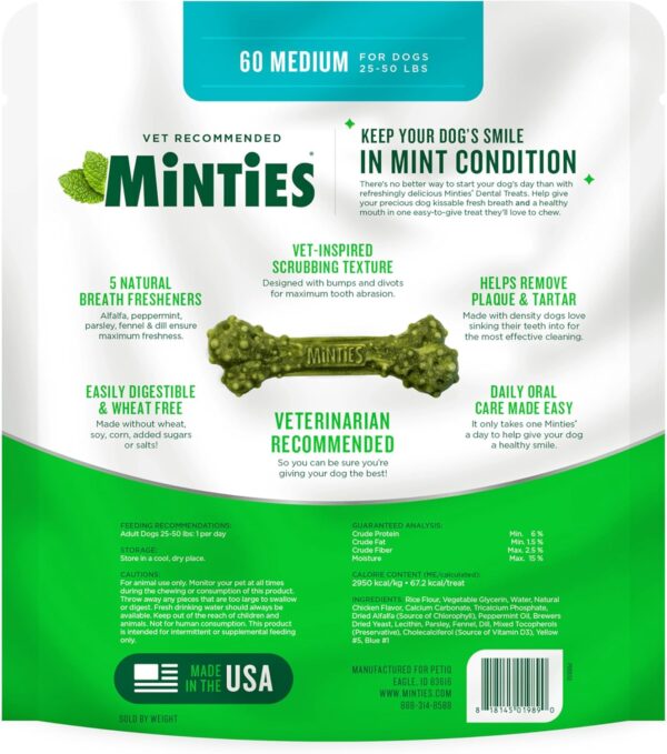 Minties Dental Chews for Dogs, 60 Count, Vet-Recommended Mint-Flavored Dental Treats for Medium Dogs 25-50 lbs, Dental Bones Clean Teeth, Fight Bad Breath, and Removes Plaque and Tartar