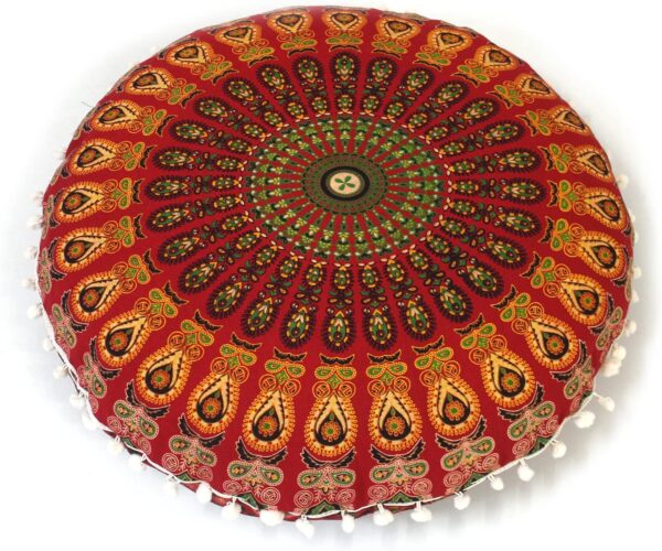 CRAFT KALA 32 Inch Large Hippie Boho Mandala Meditation Home Floor Pillow Cushion Pouf Cover Round Poufs Cover Bohemian Circle Floor Cushion Cover Case for Outdoor Yoga Living Room Decor (Red Mirchi)