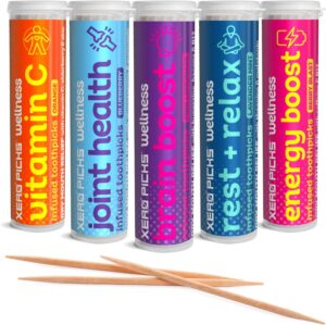 Xero Picks Wellness - Flavored Toothpicks -100 Picks-Variety 5 Pack-Curcumin, Glucosamine, Huperzine, Bacopa, B12, Elderberry, Vitamin C, Zinc, B6, Melatonin, Theanine